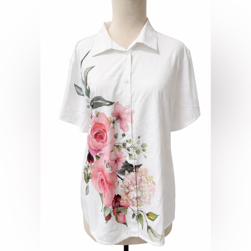 White Floral Button Up Blouse Women’s Oversized Fit | Short Sleeve Top